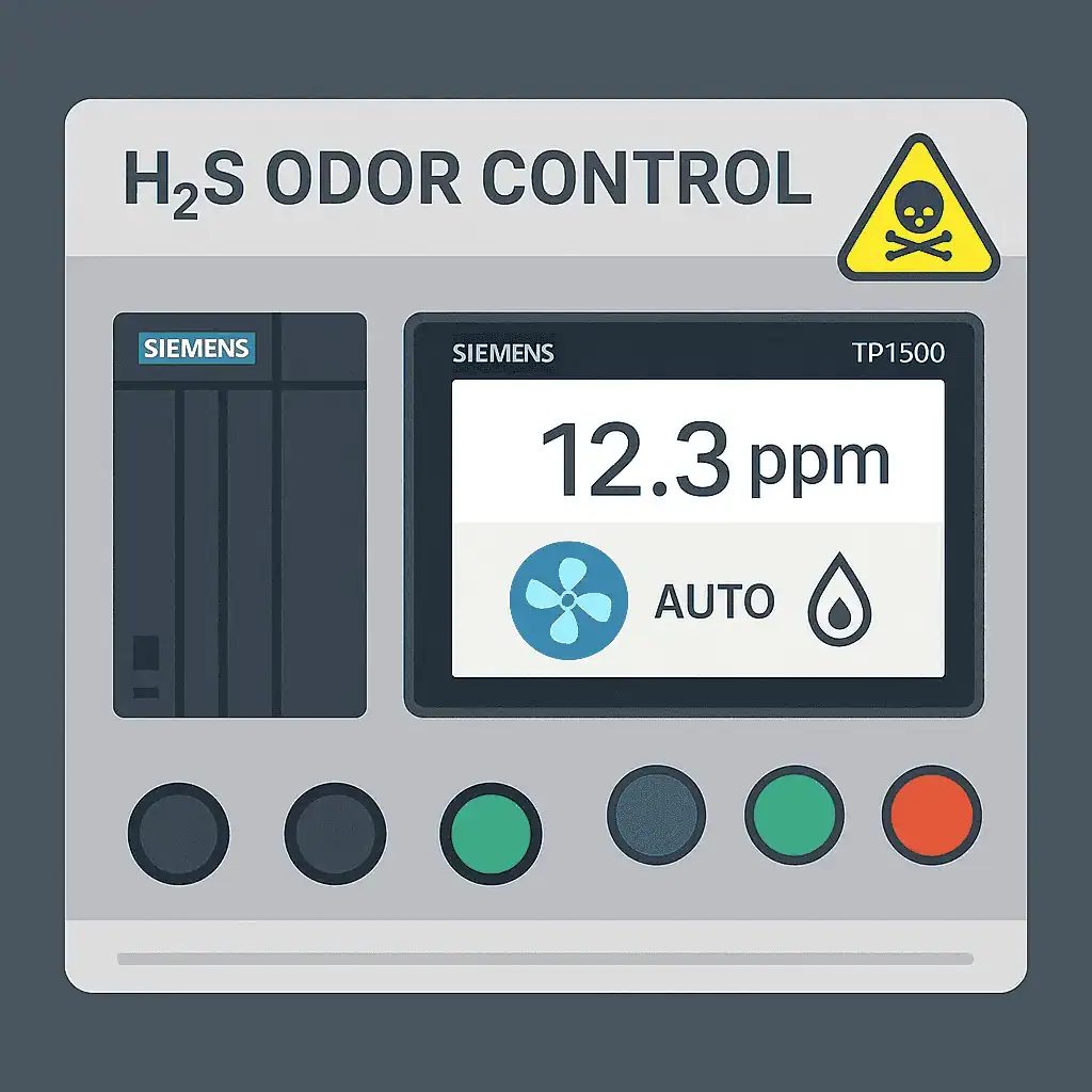 H₂S odor control PLC panel with gas detectors, scrubber and ventilation control