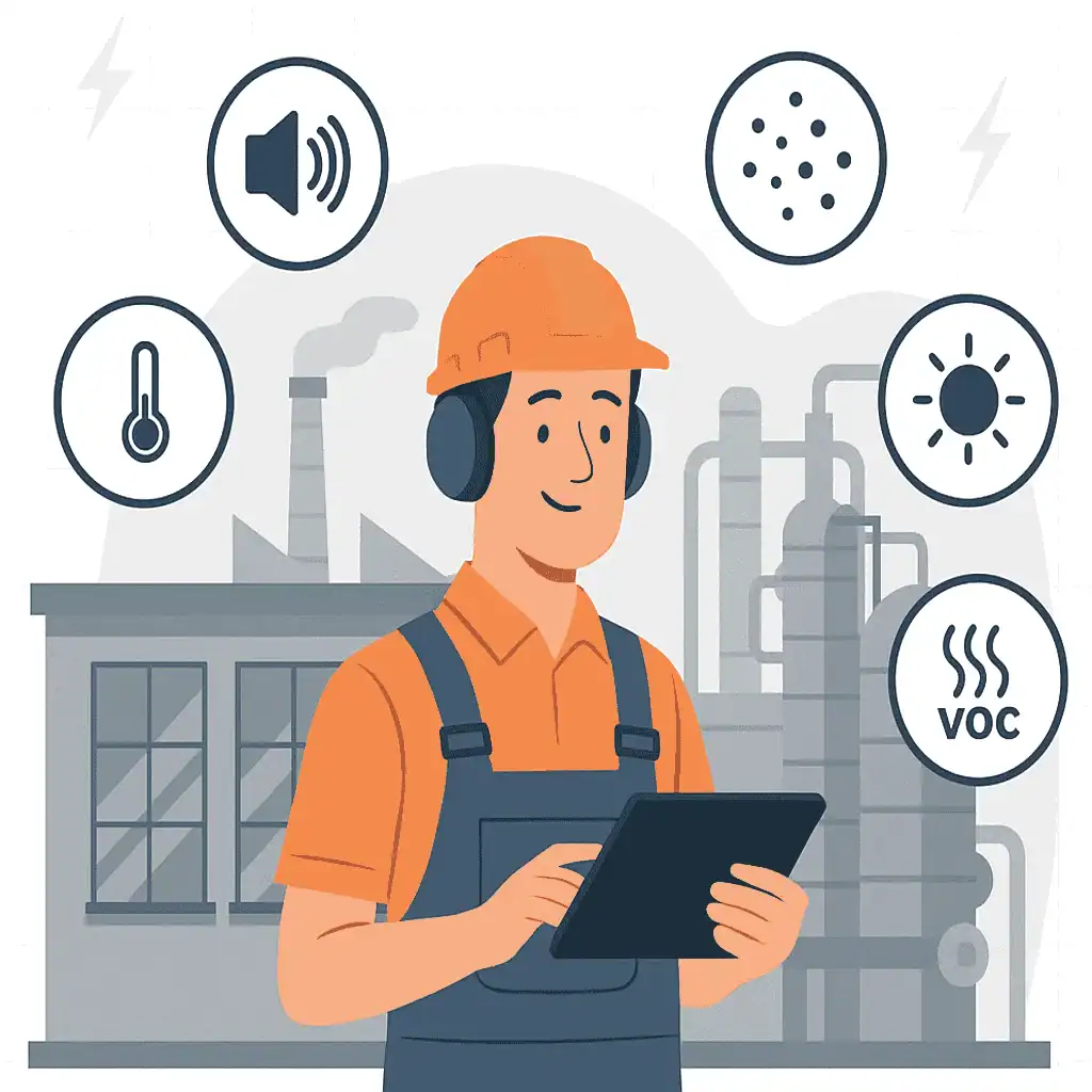 HSE real-time monitoring dashboard with noise, dust, lux, heat stress and VOC sensors